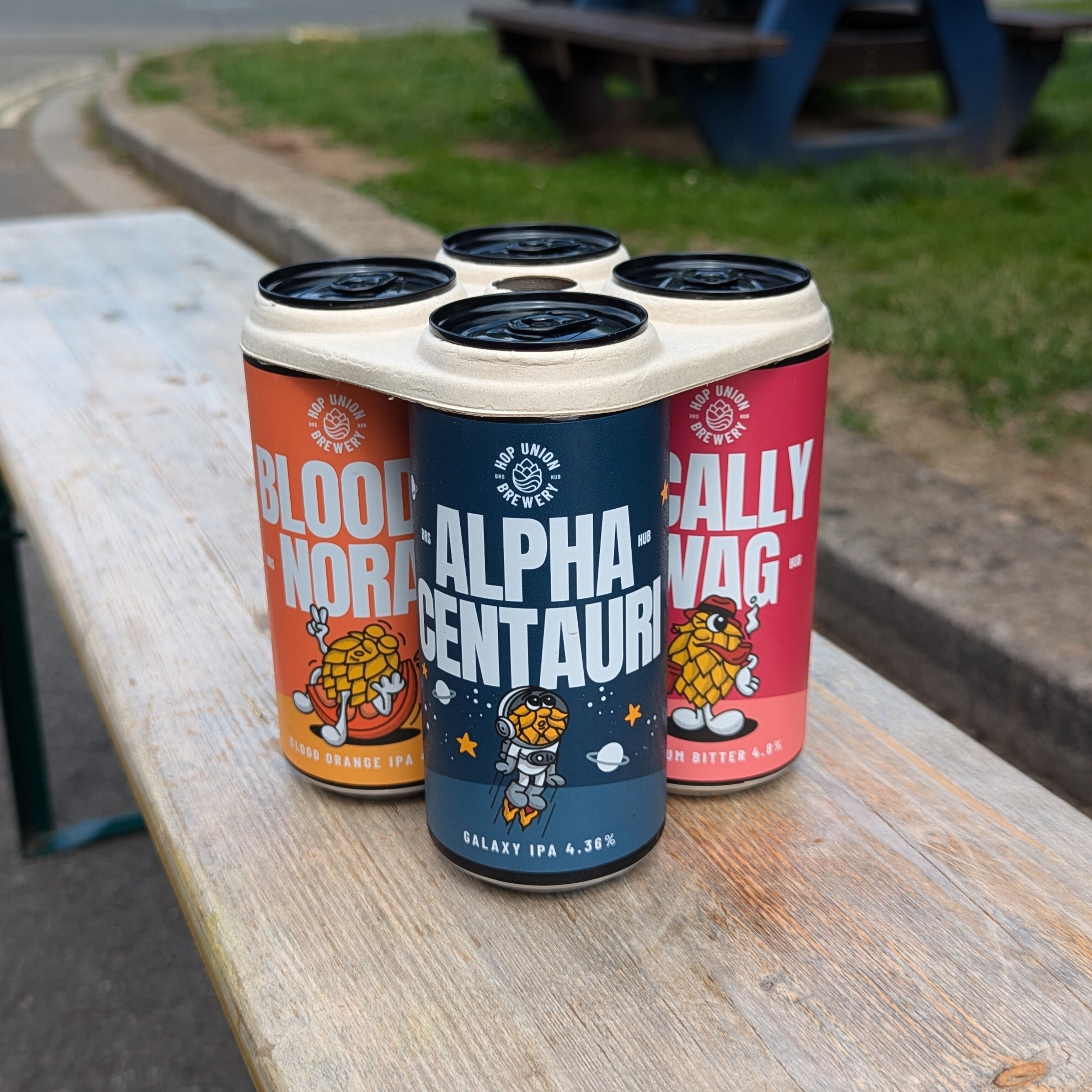 Four-pack of beer cans from Hop Union Brewery Bristol on a wooden surface outdoors.