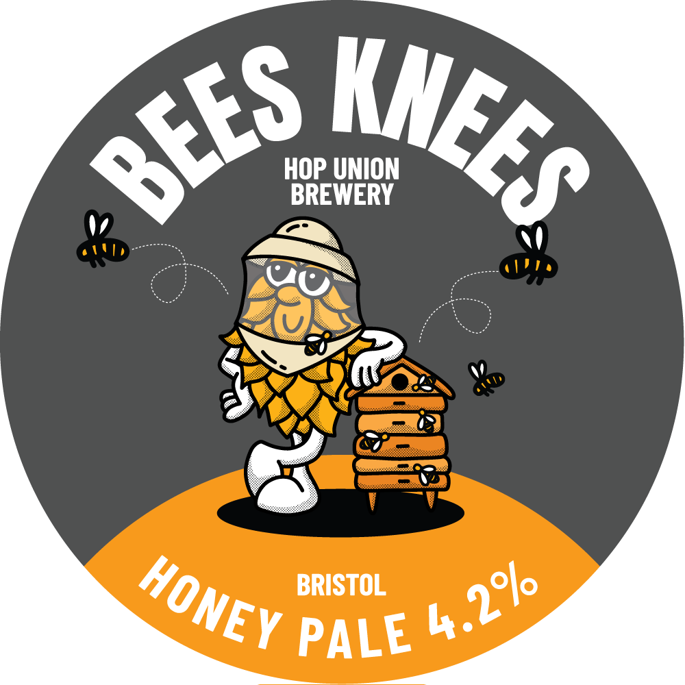 Bees Knees Hop Union Brewery Bristol honey pale beer label with cartoon hop bee keeper character