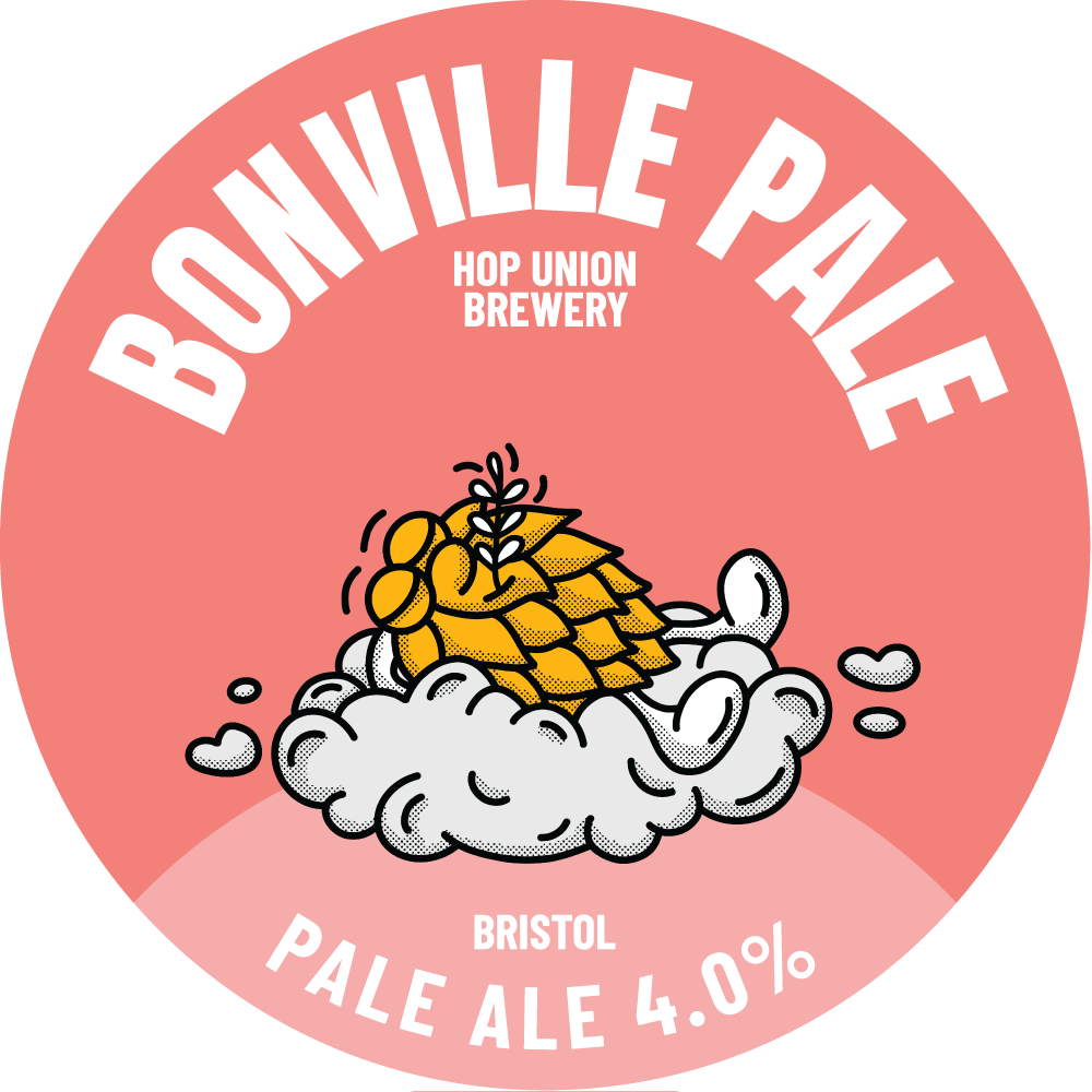 Bonville Hop Union Brewery Bristol Pale Ale label with hop cone and cloud design on a pink background