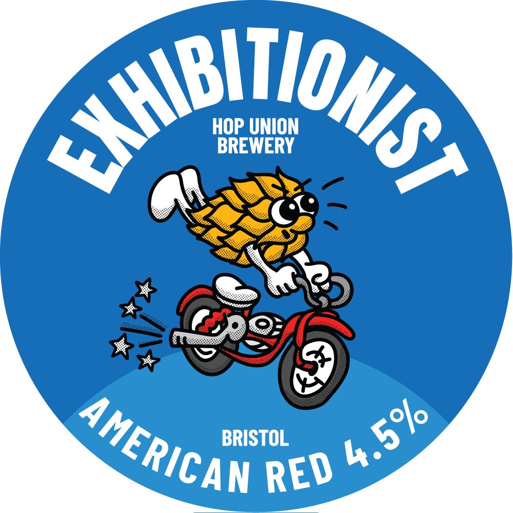 Exhibitionist Hop Union Brewery Bristol American Red Ale beer label with a hop character on a blue background