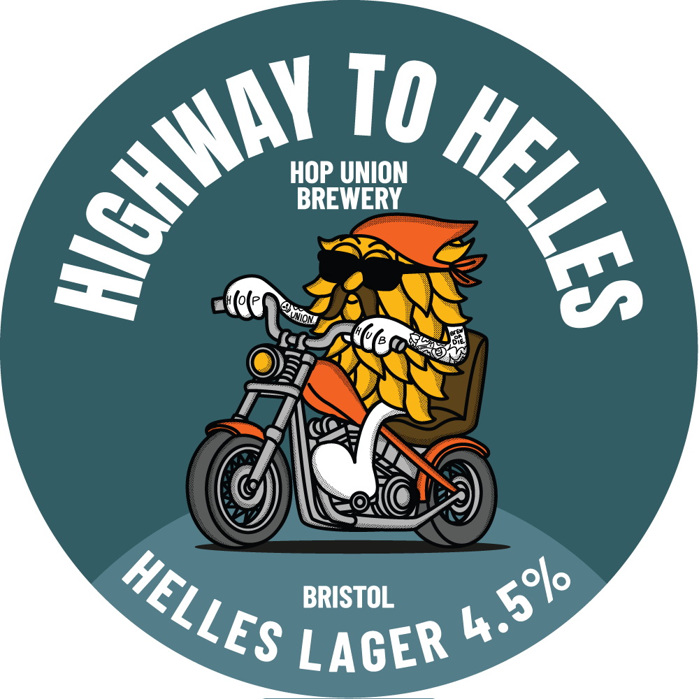 Logo of Hop Union Brewery 'Highway to Helles' Bristol Helles Lager with a character on a motorcycle.