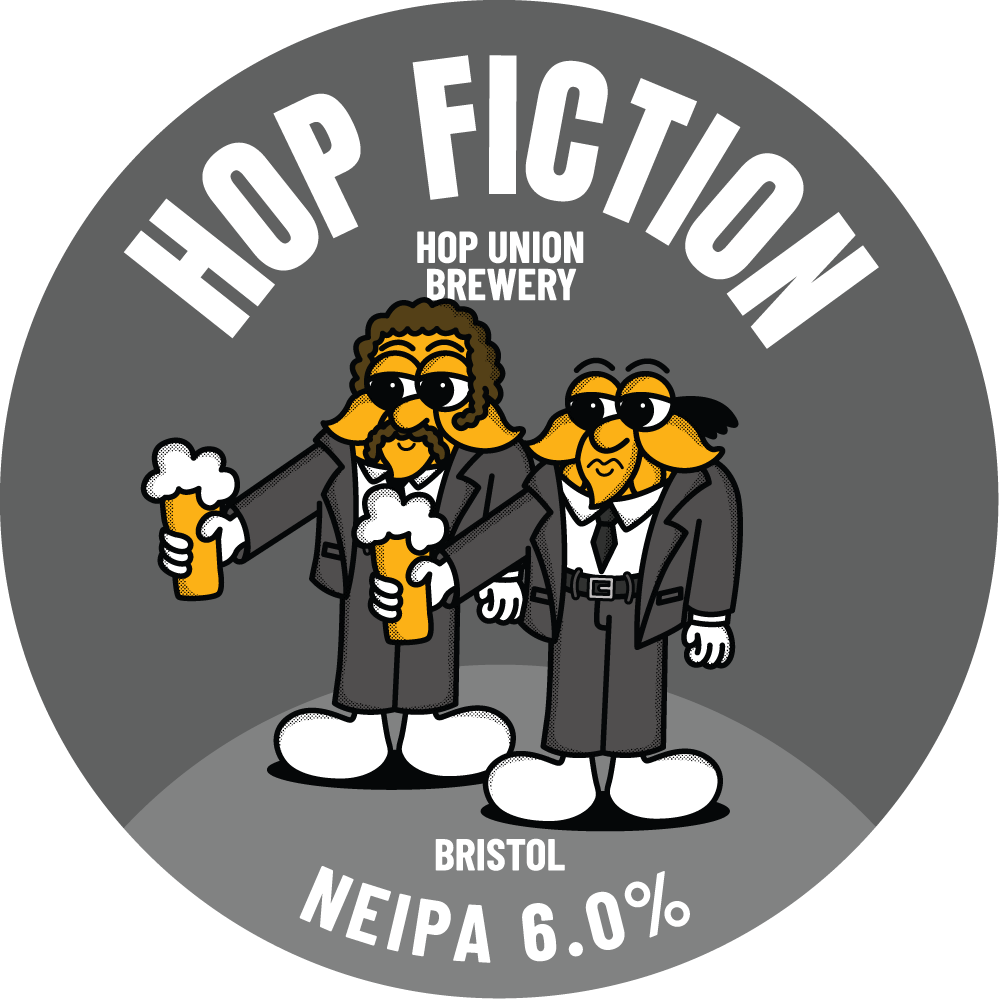 Hop Fiction NEIPA Hop Union Brewery Bristol logo with cartoon characters holding beer glasses on a gray background