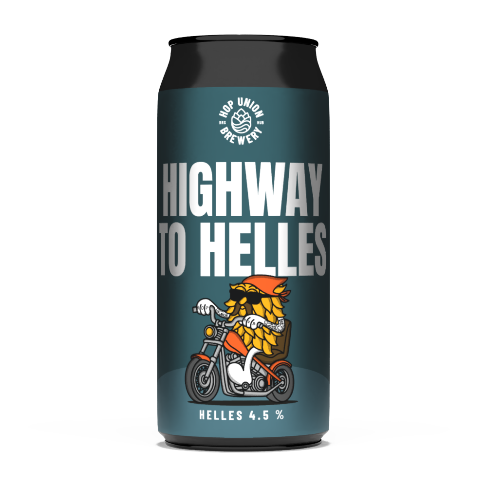 Hop Union Brewery Bristol Beer can labeled 'Highway to Helles' with a graphic of a character on a motorcycle on a white background.