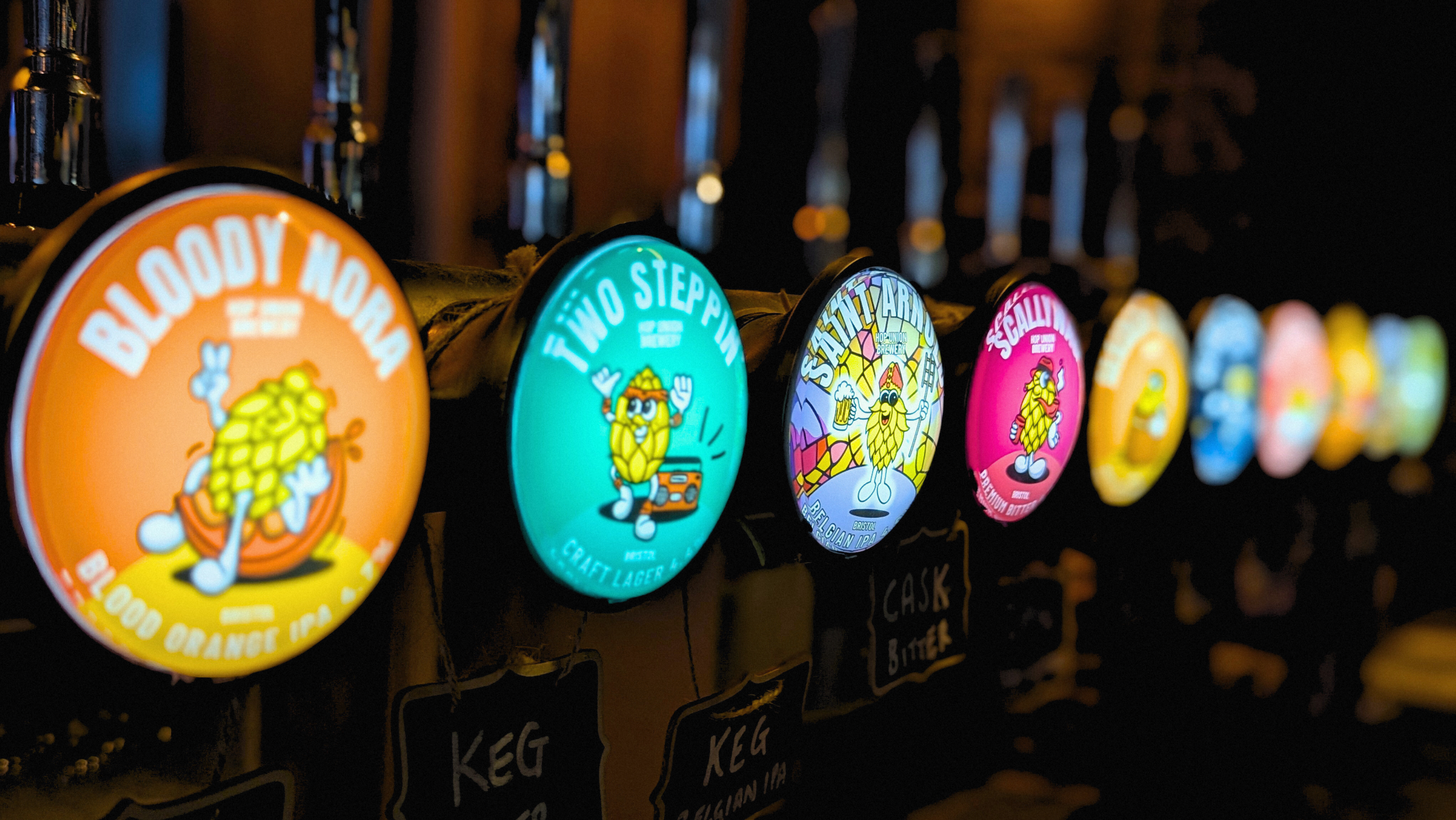 The selection of Hop Union Brewery craft beers we have on tap and serving in our taproom including Lager, IPA, Best Bitter, Pale Ales and more.