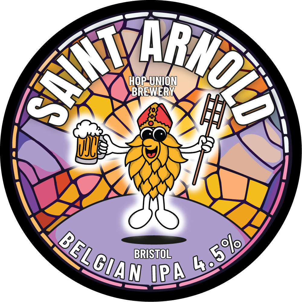 Saint Arnold Belgian IPA Hop Union Brewery Bristol colourful beer label with a cartoon hop character holding a beer
