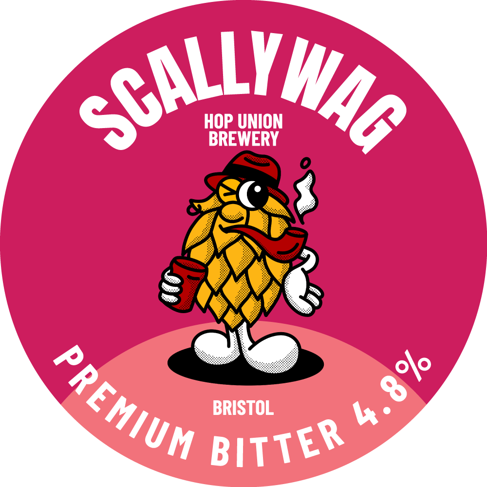 Scallywag premium bitter Hop Union Brewery Bristol label with a cartoon hop character on a pink background