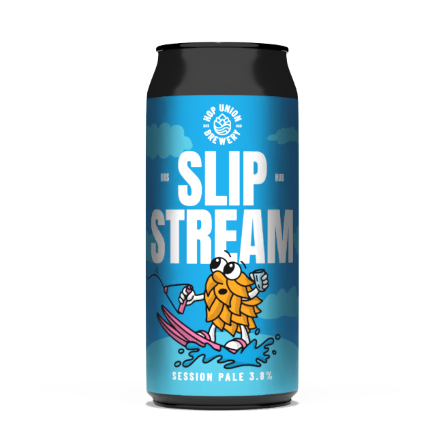 Can of Slip Stream Hop Union Brewery Session IPA beer with a cartoon character on a blue background