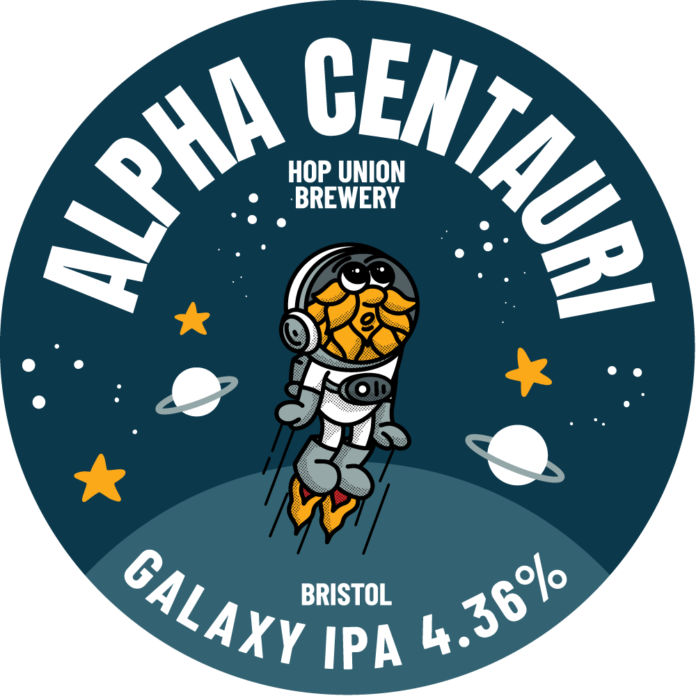 Alpha Centauri Hop Union Brewery Bristol IPA label with an astronaut design and space elements.
