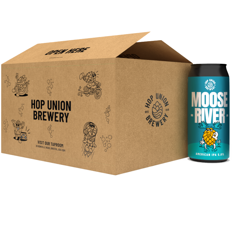 Hop Union Brewery Bristol box with a Moose River American IPA beer can 