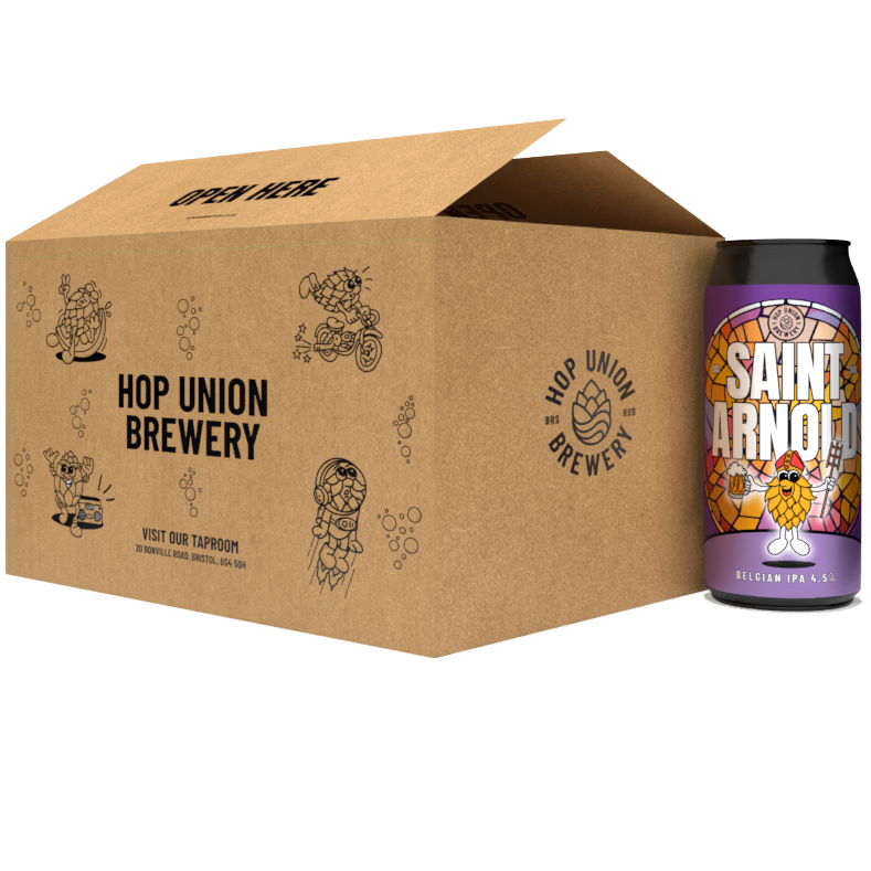 Saint Arnold Belgain IPA beer can next to a Hop Union Brewery Bristol box 