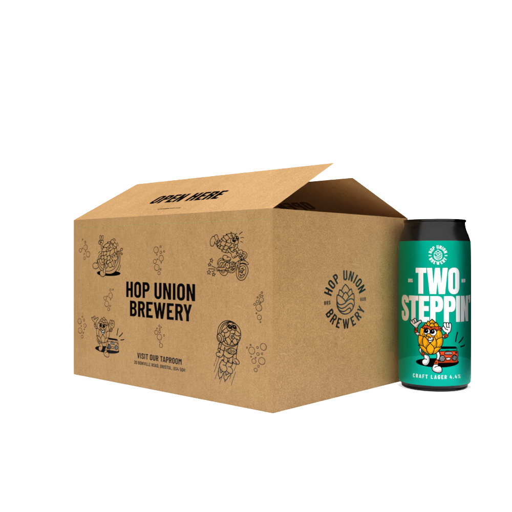 Hop Union Brewery Bristol box with a 'Two Steppin'' lager beer can