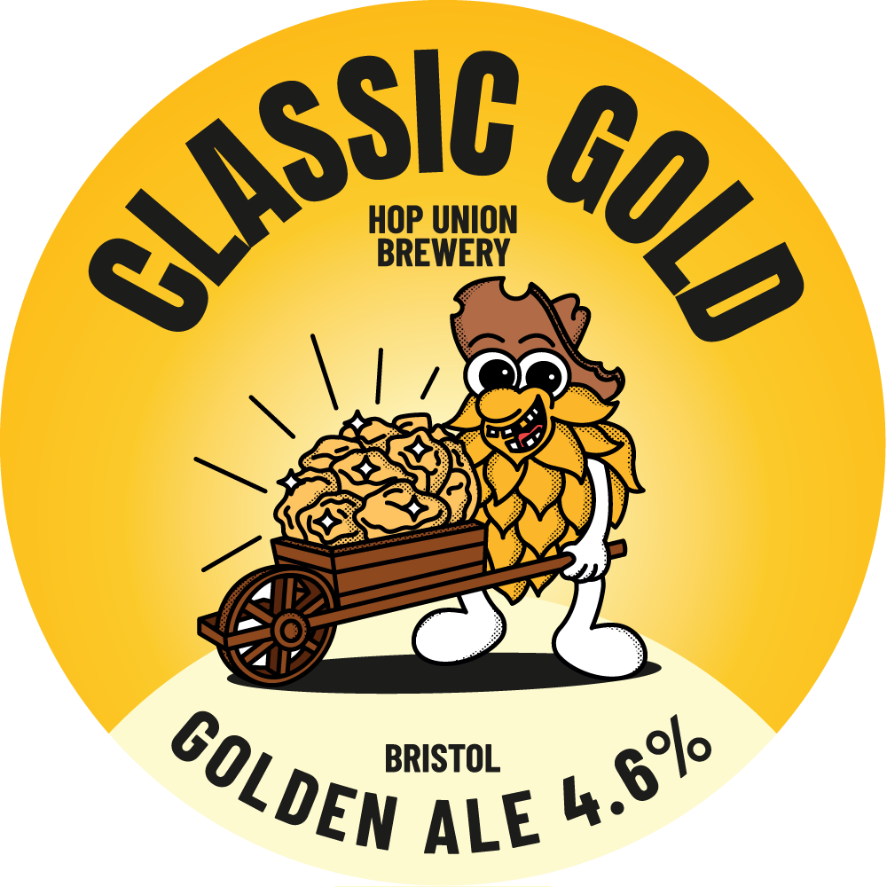 Logo of Classic Gold from Hop Union Brewery Bristol with a cartoon character and beer information.