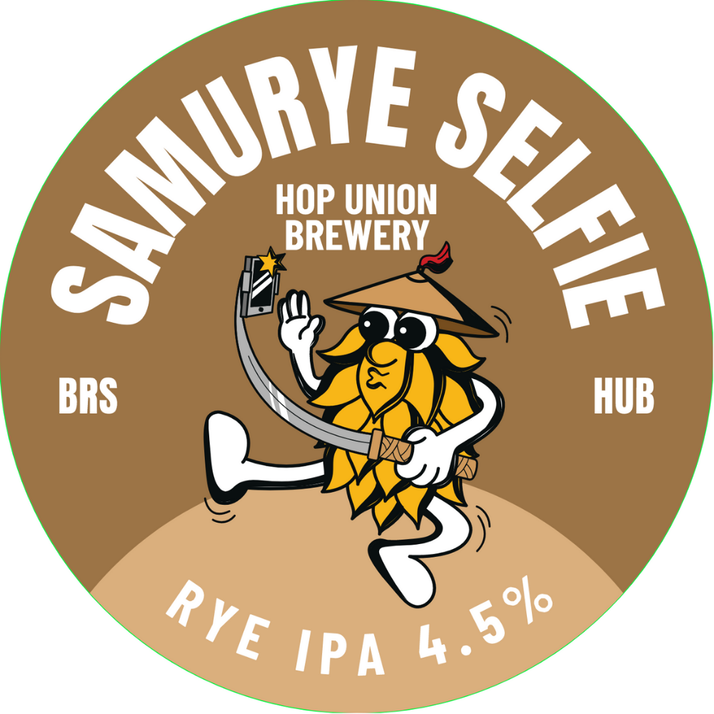 Samuraye Selfie Rye IPA beer label with a character holding a sword on a brown background