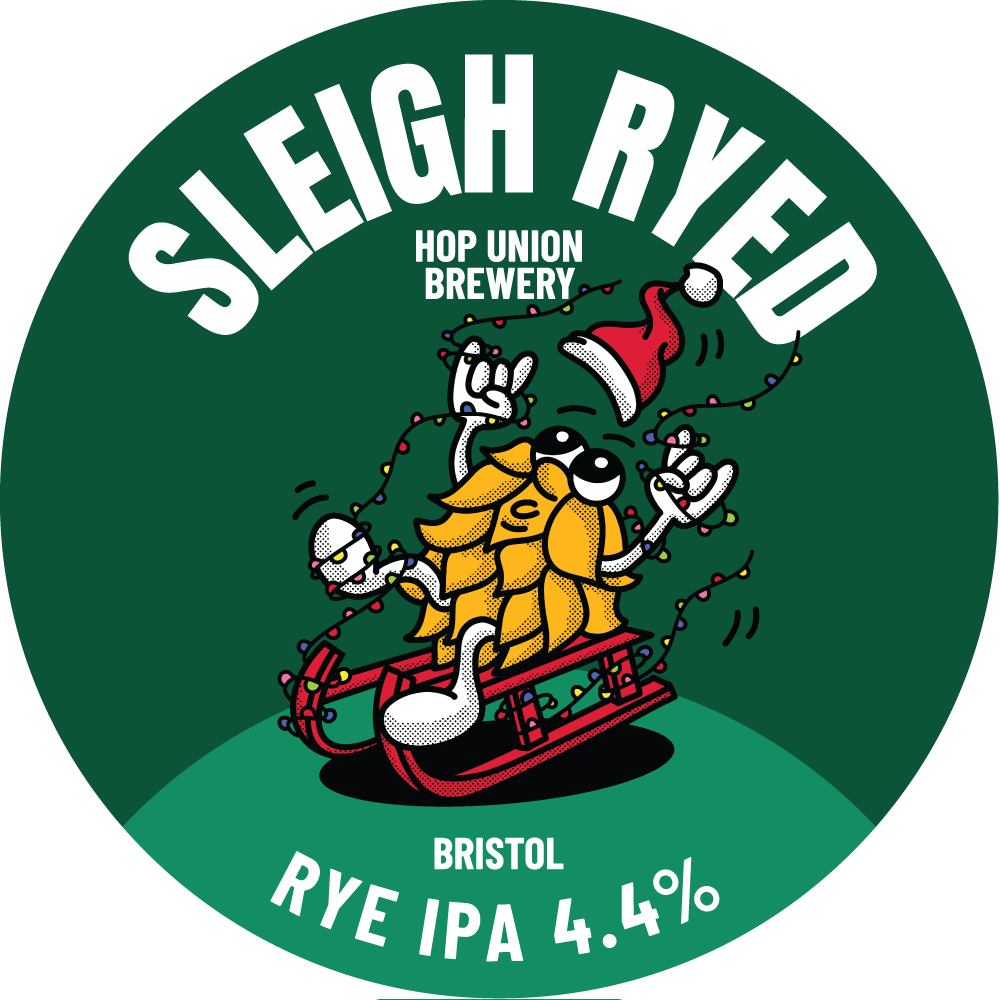 Sleigh Ryed Rye IPA from Hop Union Brewery Bristol label with a cartoon sleigh design on a green background.