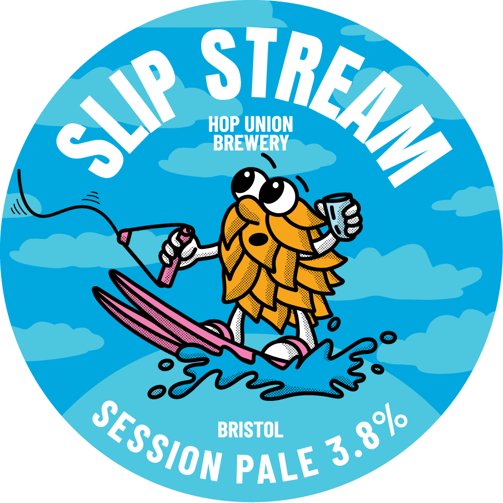Hop Union Brewery Bristol Slip Stream session pale beer label with cartoon character on a blue background